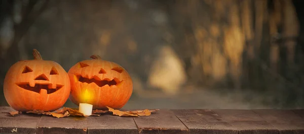 Halloween Pozadí Dýně Dřevěném Stole — Stock fotografie
