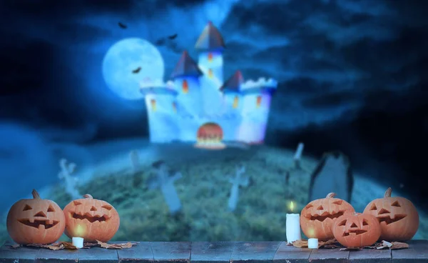 Fondo Halloween Calabazas Sobre Una Mesa Madera — Foto de Stock