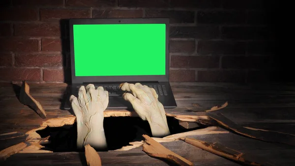 Zombie Hand Door Gat Gekraakt Rustiek Hout Halloween Thema — Stockfoto