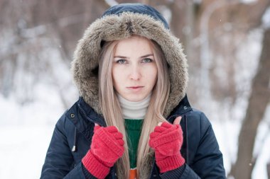 Sıcak bir ceket bir kış parkta uzun sarı saçlı güzel bir anlatım genç kız portresi