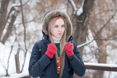 Sıcak bir ceket bir kış parkta uzun sarı saçlı güzel bir anlatım genç kız portresi