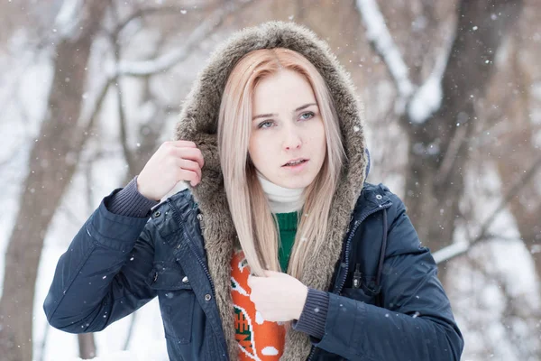 karlı bir kış park bulanık bir arka plan üzerinde uzun sarı saçlı güzel anlamlı genç kız