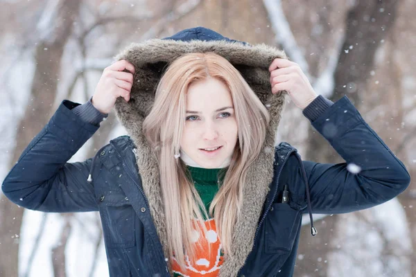 karlı bir kış park bulanık bir arka plan üzerinde uzun sarı saçlı güzel anlamlı genç kız