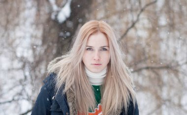 Karlı bir kış Park arka plan bulanık güzel anlamlı genç kız