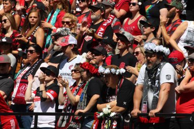 Portland, Oregon, Amerika Birleşik Devletleri - 25 Ağustos 2019 : Providence Park'taki maç sırasında Portland Thorns bayraklarıyla tribünlerdeki taraftarlar 
