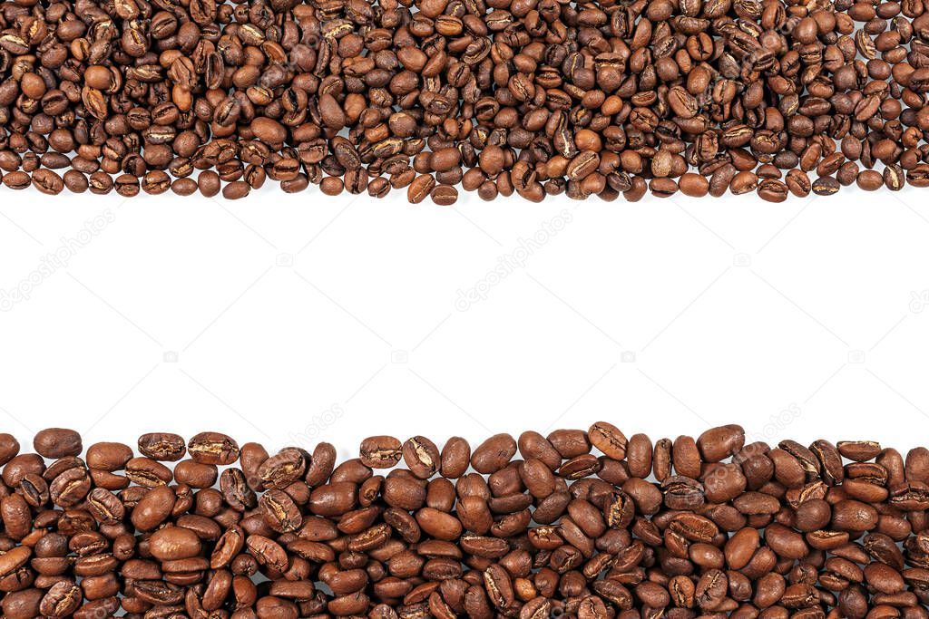 Roasted coffee beans. Two sorts of arabica on white background