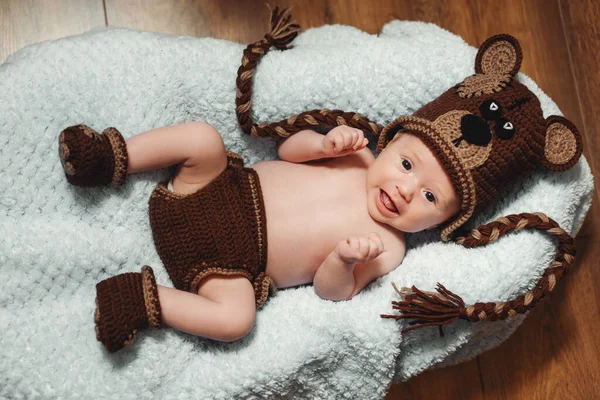 Little Baby Boy Knitted Hat Basket Happily Smiling Looking Camera — Stock Photo, Image