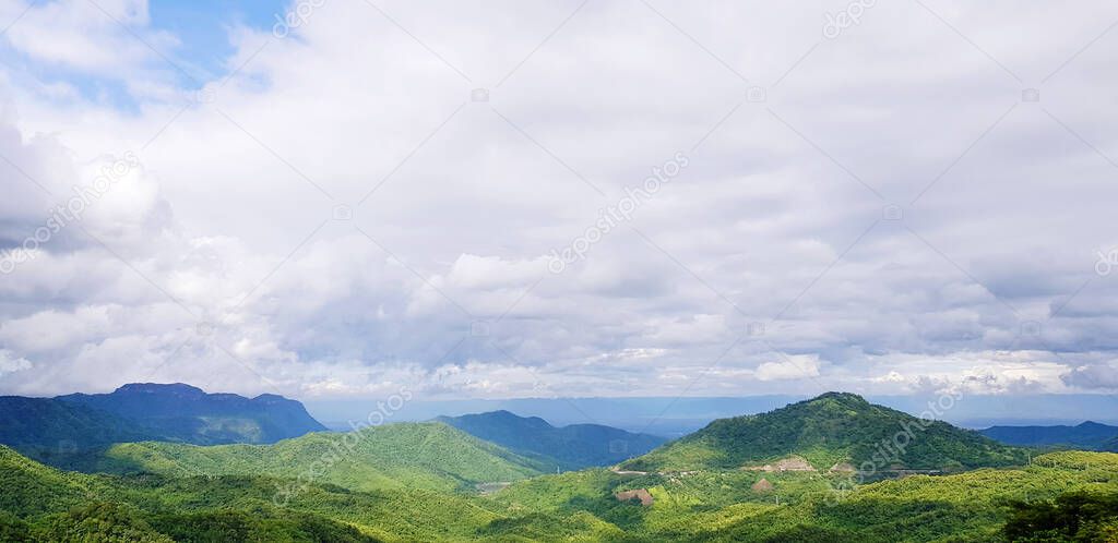 Beautiful landscape view of green mountain with blue sky and clouds at Khao Kho, Phetchabun Thailand - Beauty of natural, Natural wallpaper and Top view concept