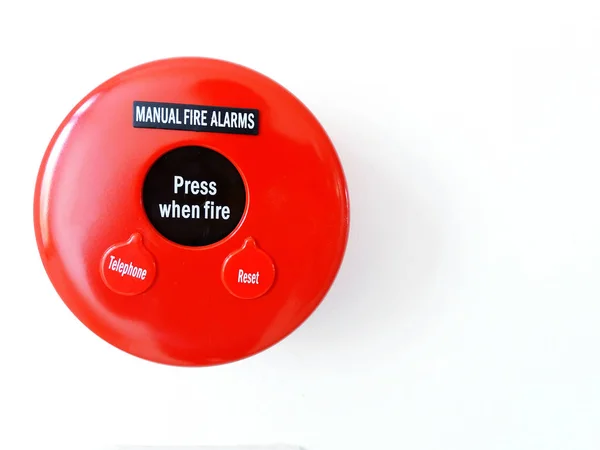 Closeup Red Fire Alarm Button Isolated White Background Right Blank — Stock Fotó