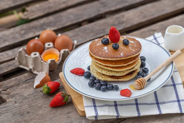 Pancake Fresh Berries White Plate Eggs Old Wood Background Breakfast — Stock Photo, Image