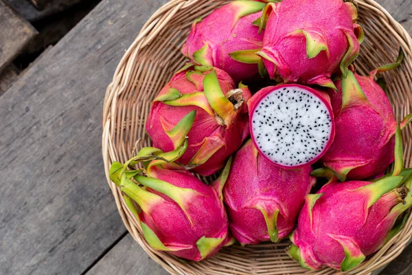 Whole Cut Fresh Ripe Pitaya Dragon Fruit Basket Old Wooden — Stock Photo, Image