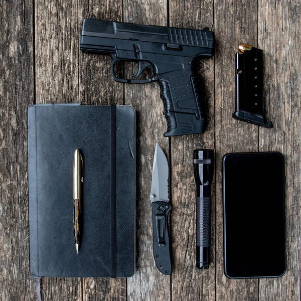 Selection Every Day Carry Items Phone Folding Knife Firearm Note — Stock Photo, Image