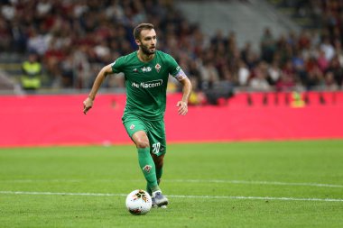 Milano, İtalya. 29 Eylül 2019. İtalyan Serisi A. Ac Milan Acf Fiorentinia 'ya karşı. Alman Ac Fiorentina Pezzella eylemde.  .