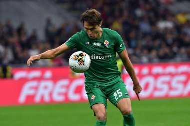 Milano, İtalya. 29 Eylül 2019. İtalyan Serie A. Ac Milan Acf Fiorentinia 'ya karşı. Ac Fiorentina' dan Federico Chiesa görev başında.  .