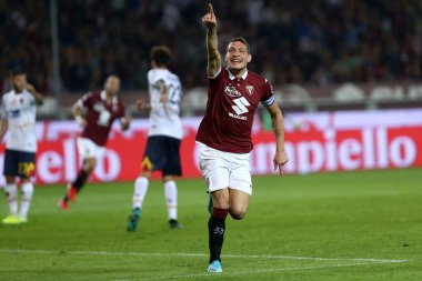 Torino, İtalya - 16 Eylül 2019. İtalyan Serie A. Torino Fc, Lecce .Andrea Belotti 'ye karşı Torino FC golünü attıktan sonra kutluyor.  .