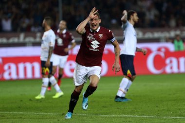 Torino, İtalya - 16 Eylül 2019. İtalyan Serie A. Torino Fc, Lecce .Andrea Belotti 'ye karşı Torino FC golünü attıktan sonra kutluyor.  .