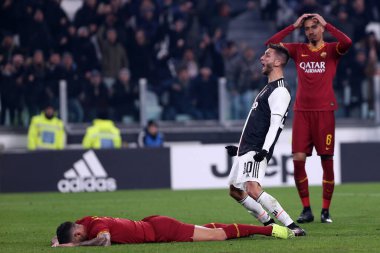 Torino, İtalya. 22 Ocak 2020. Coppa Italia 'da. Juventus Fc Roma 'ya karşı. Juventus FC 'den Rodrigo Bentancur kutlama yapıyor 