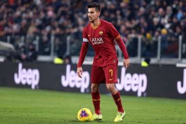 Torino, İtalya. 22 Ocak 2020. Coppa Italia 'da. Juventus Fc Roma 'ya karşı. Roma 'dan Lorenzo Pellegrini iş başında .