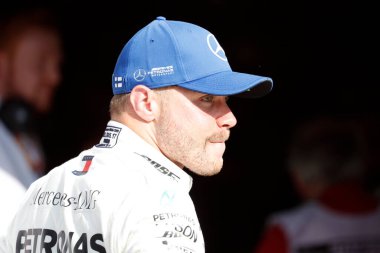 Monza, İtalya. 6-8 Eylül 2019. İtalya Formula 1 Grand Prix 'si. Mercedes AMG 'den Valtteri Bottas Ital' ın F1 Grand Prix 'sinden sonra parc ferme' de Petronas Motorsport