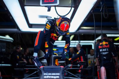 Monza, İtalya. 6-8 Eylül 2019. İtalya Formula 1 Grand Prix 'si. Red Bull Honda 'dan Alexander Albon İtalya F1 Grand Prix' sinde garajda.