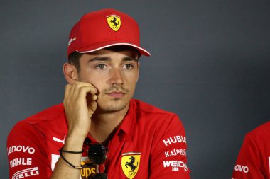Monza, İtalya. 6-8 Eylül 2019. İtalya Formula 1 Grand Prix 'si. Scuderia Ferrari 'den Charles Leclerc İtalya F1 Grand Prix arifesinde düzenlediği basın toplantısında