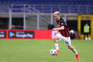Milano, İtalya. 24 Eylül 2020. Uefa Avrupa Ligi. Ac Milan 'dan Alexis Saelemaekers UEFA Avrupa Ligi' nde Ac Milan ve Fotballklubben Bodo / Glimt arasında oynanan üçüncü ön eleme karşılaşmasında.  
