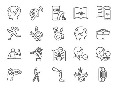 Disability with technology line icon set. Included the icons as assistive device, assistive technologies, adaptive technology, Disabled, cripple, blind, deaf, dumb and more.
