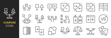 Simge kümesini karşılaştır. Karşılaştırma, Karşılaştırma, Ölçek, Kas Testi ve daha fazla ikon içeriyordu. Düzenlenebilir Vektör Vuruşu.