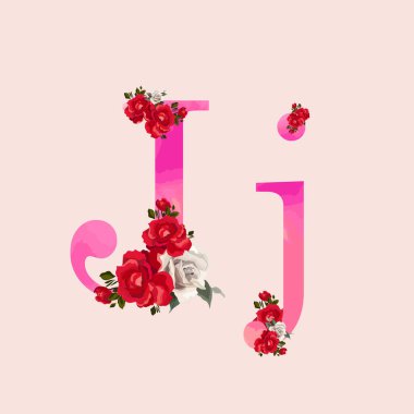 Çiçek alfabesi - pembe suluboya efekt harfi J j ve çiçek buketi kompozisyonu. Düğün davetiyeleri, kart dekorasyonu ve diğerleri için eşsiz bir koleksiyon.. 