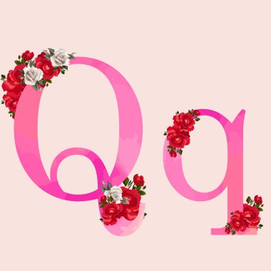 Çiçek alfabesi - pembe suluboya efekt harfi Q Q ve çiçek buketi kompozisyonu. Düğün davetiyeleri, kart dekorasyonu ve diğerleri için eşsiz bir koleksiyon.. 