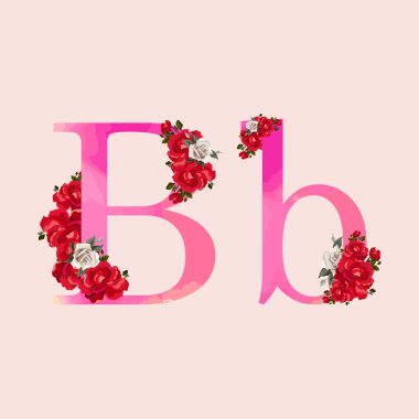 Çiçek Alfabesi - pembe suluboya efekt harfi B B ve çiçek buketi kompozisyonu. Düğün davetiyeleri, kart dekorasyonu ve diğerleri için eşsiz bir koleksiyon..
