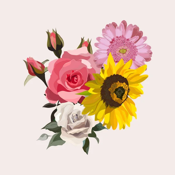 Blumenillustration Ein Strauß Blumen Rose Gerbera Und Sonnenblume Hochzeitsdesign Einladungen — Stockvektor