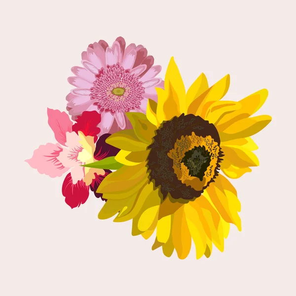 Flower Illustration Bouquet Flowers Rose Gerbera Sunflower Wedding Design Invitations — Stock Vector