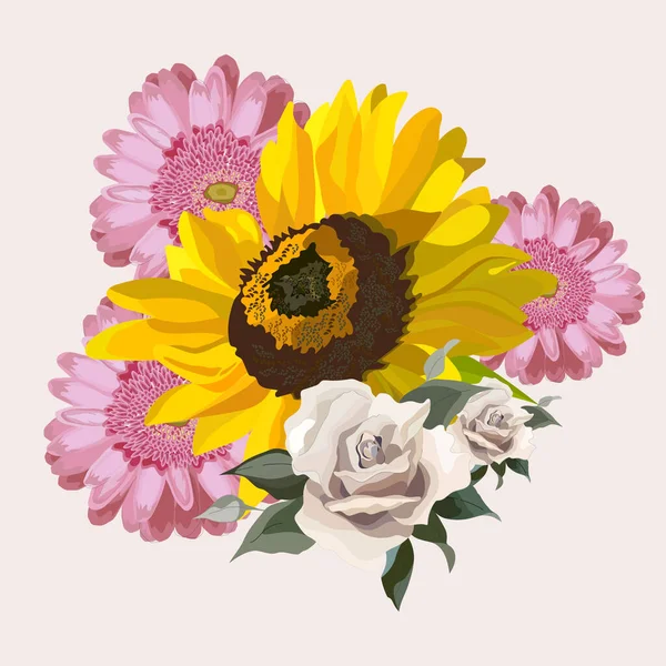 Illustration Florale Bouquet Fleurs Rose Gerbera Tournesol Design Mariage Invitations — Image vectorielle