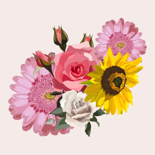 花のイラスト 花の花束 ガーベラ ひまわり 結婚式のデザイン 招待状 カード 背景デザイン — ストックベクタ