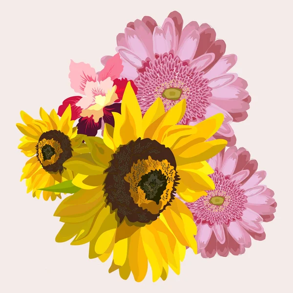 Flower illustration: a bouquet of flowers: rose, gerbera, and sunflower. Wedding design: invitations, cards, background design.