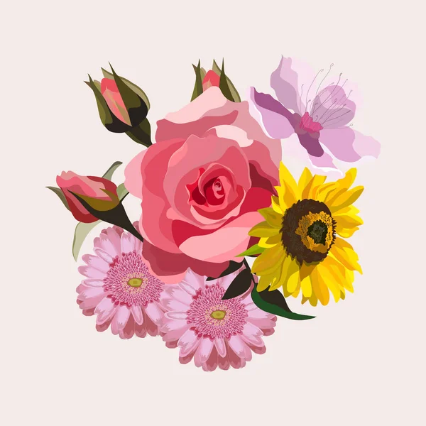 Çiçek illüstrasyonu: bir buket çiçek: gül, gerbera ve ayçiçeği. Düğün tasarımı: davetiyeler, kartlar, arkaplan tasarımı.