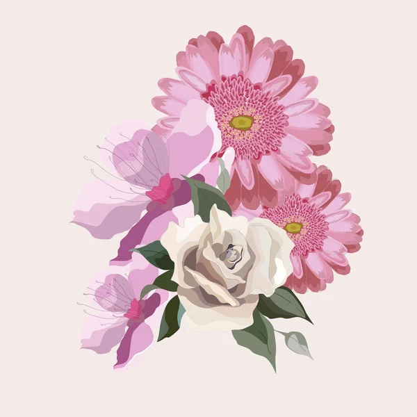Çiçek illüstrasyonu: bir buket çiçek: gül, gerbera ve ayçiçeği. Düğün tasarımı: davetiyeler, kartlar, arkaplan tasarımı.