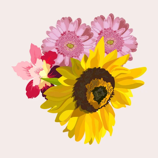 Blomma Illustration Bukett Blommor Ros Gerbera Och Solros Bröllopsdesign Inbjudningar — Stock vektor