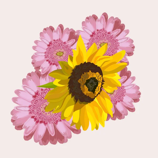 Çiçek illüstrasyonu: bir buket çiçek: gül, gerbera ve ayçiçeği. Düğün tasarımı: davetiyeler, kartlar, arkaplan tasarımı.