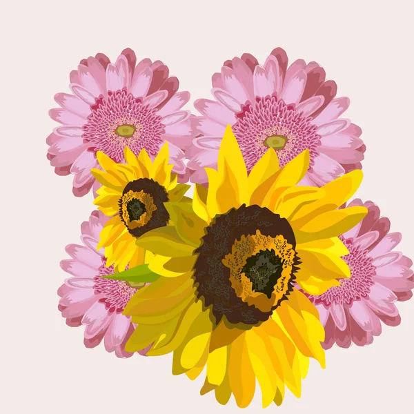 Illustration Florale Bouquet Fleurs Rose Gerbera Tournesol Design Mariage Invitations — Image vectorielle