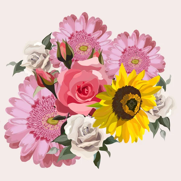 Çiçek illüstrasyonu: bir buket çiçek: gül, gerbera ve ayçiçeği. Düğün tasarımı: davetiyeler, kartlar, arkaplan tasarımı.