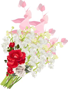 Çiçek çizimi - vadideki zambak, pembe, kırmızı ve beyaz güller, okaliptüs dalı. Düğün tasarımı: davetiyeler, kartlar, arkaplan tasarımı.