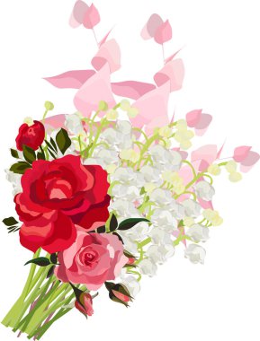 Çiçek çizimi - vadideki zambak, pembe, kırmızı ve beyaz güller, okaliptüs dalı. Düğün tasarımı: davetiyeler, kartlar, arkaplan tasarımı.