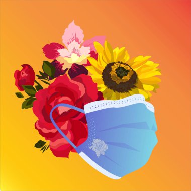 Koruyucu tıbbi maske, turuncu arka planda çiçekler. COVID 19 koruma.