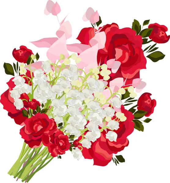 Çiçek Çizimi Vadideki Zambak Pembe Kırmızı Beyaz Güller Okaliptüs Dalı — Stok Vektör