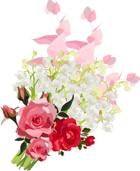 Blumenzeichnung Illustration Maiglöckchen Rosa Rote Und Weiße Rosen Eukalyptuszweig Hochzeitsdesign — Stockvektor