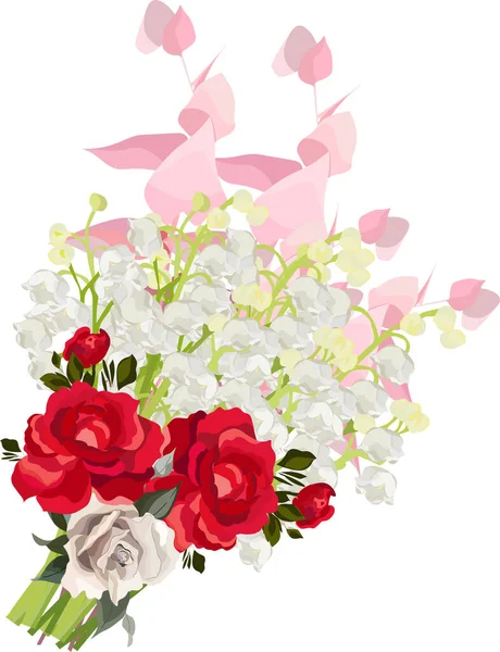 Illustration Dessin Fleurs Lys Vallée Roses Roses Rouges Blanches Branche — Image vectorielle