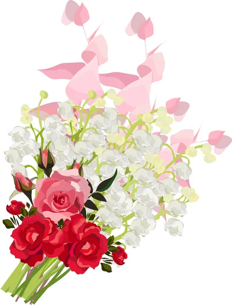 Illustration Dessin Fleurs Lys Vallée Roses Roses Rouges Blanches Branche — Image vectorielle