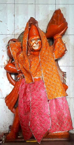 Hindu tanrısı 'Hanuman' putu geleneksel kumaşları ve kuşları olan bir tapınakta.